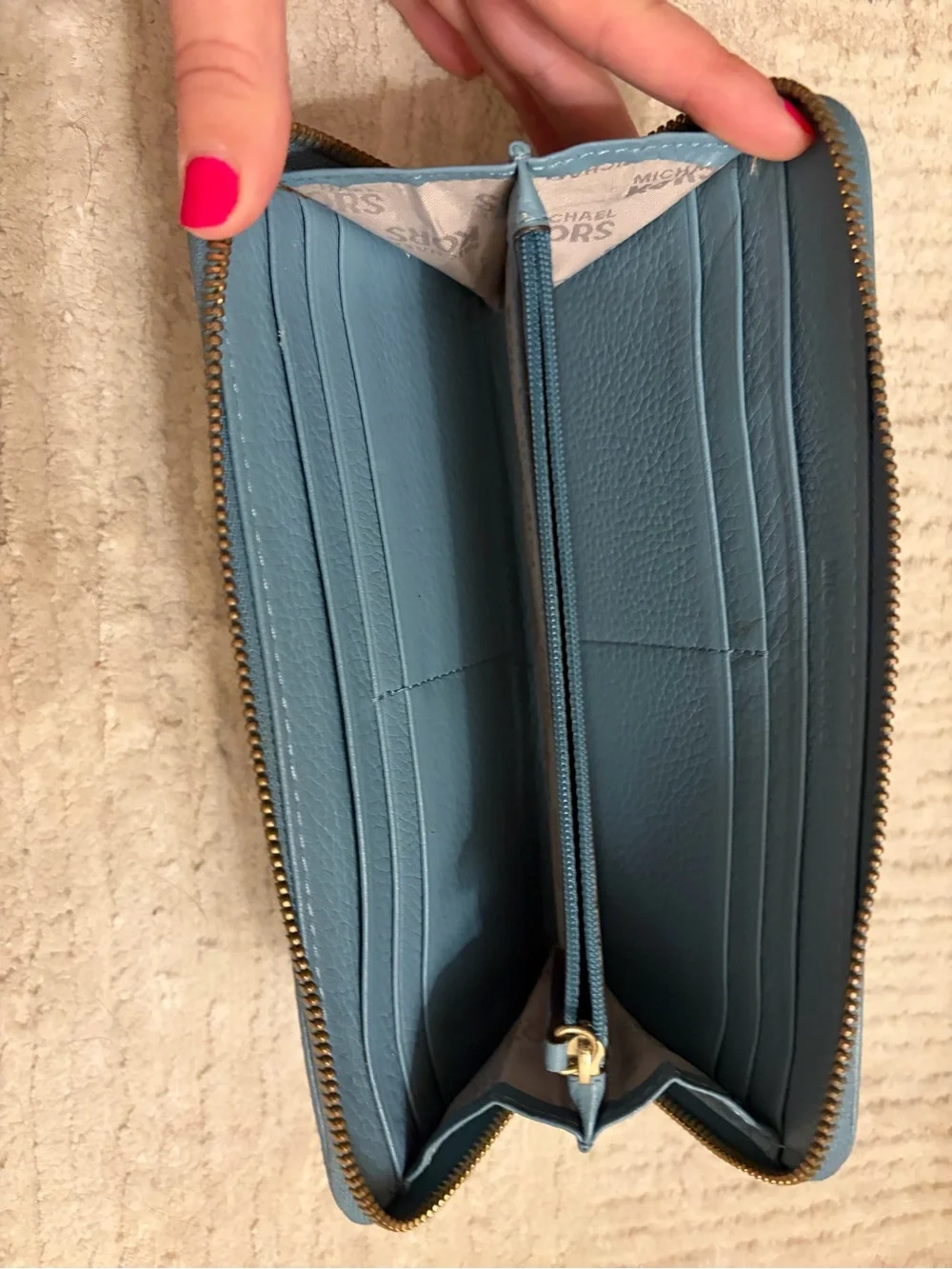 Michael Kors light blue Pebbled Leather Zip Wallet with Gold Plate
